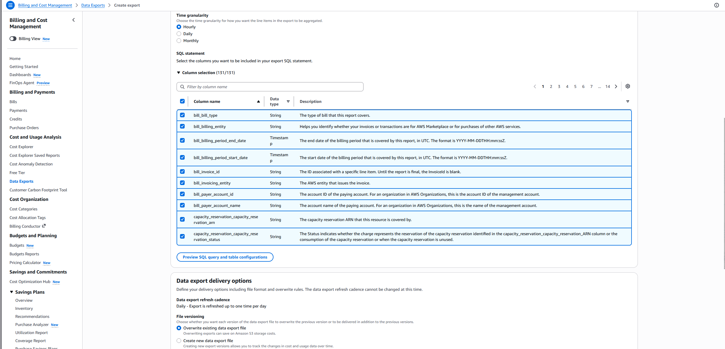 AWS Data Exports time granularity configuration